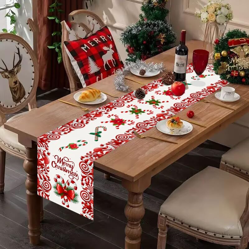 Christmas Linen Red and White Candy Cane Christmas Table Runner 72 Inches Long Seasonal Winter Christmas Xmas Holiday  Style Table Decoration (Red)