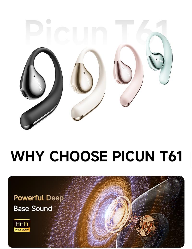 Picun T61 Wireless Bone Conduction Headphones, OWS Open Ear Earbuds with Earhooks, Bluetooth 5.4, Deep Bass, Lightweight & Sturdy, 25Hrs Playtime, IPX6 Waterproof, for Cycling Yoga Gym Workouts
