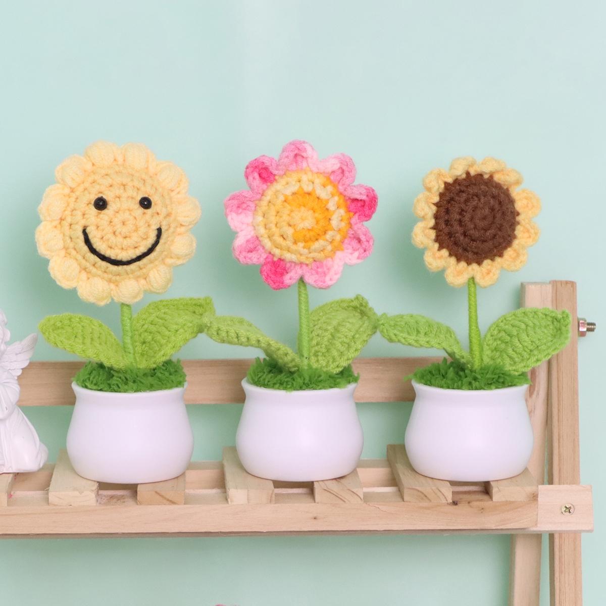 Sunflower Design Artificial Sunflower Crochet Flower Potted Plant, 3 Counts/set Cute, Home Decor Supplies for Living Room Bedroom Office, Decoration Items