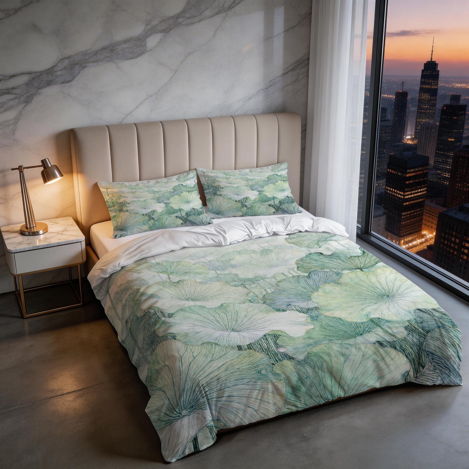 2/3 Piece Watercolor Lotus Leaf Duvet Cover Set, Green Lotus HD Digital Print Bedding Set, Soft Breathable Comforter Cover with Zipper & Corner Ties for Bedroom & Dorm (Comforter Not Included)