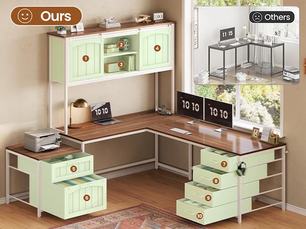SEDETA 63 Inch Farmhouse L Shaped Office Desk with 6 Drawers Reversible Computer Corner Desk with Power Outlet and Hutch
