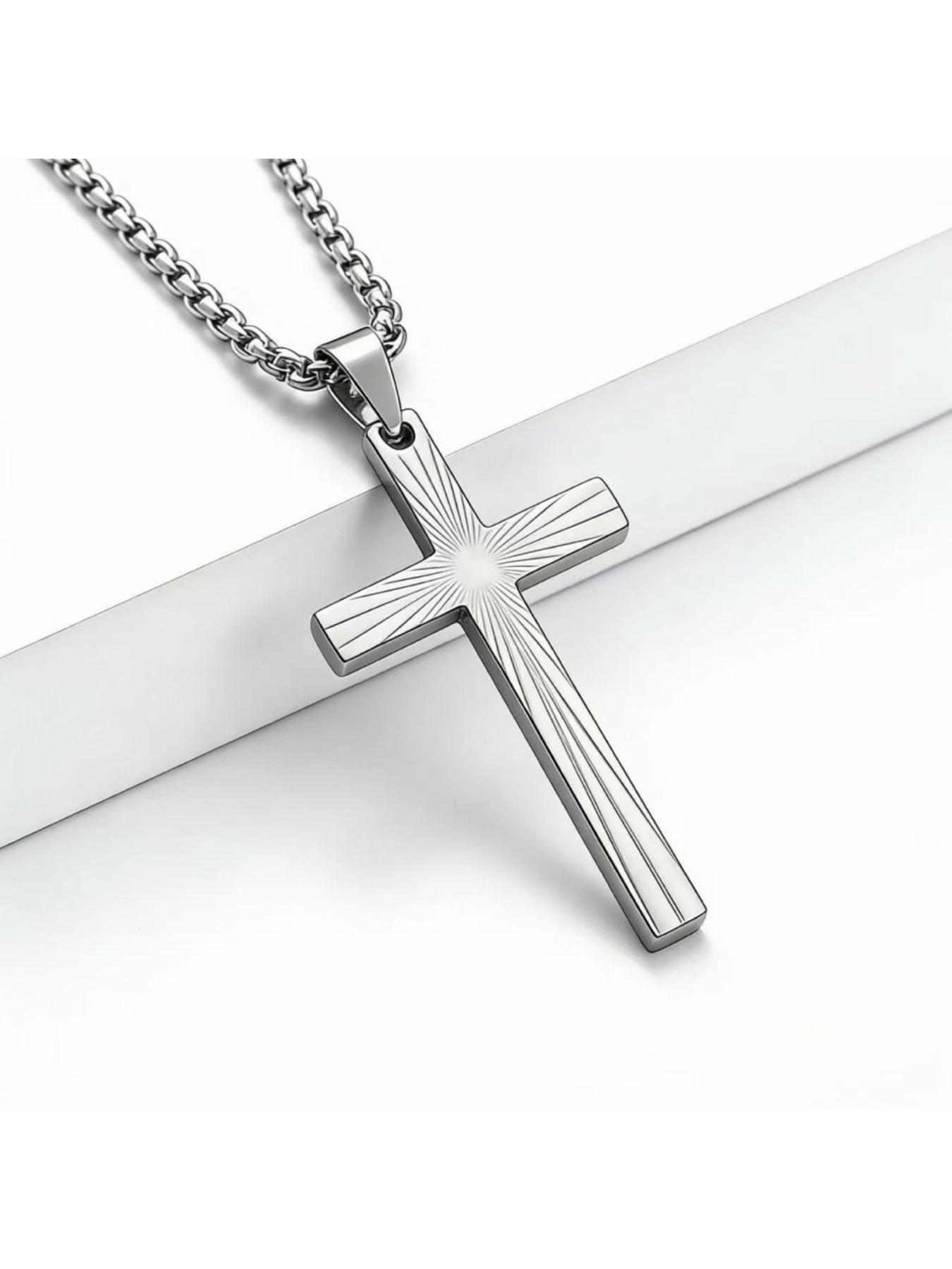 Sunburst Cross Pendant Necklace - Stainless Steel Titanium Chain for Men/Women