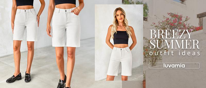 Luvamia Bermuda Jean Shorts for Women High Waisted Stretchy Denim Knee Length Cutoff Loose Fit Long Shorts Womenswear Streetwear Basic 5 Pockets Bottom