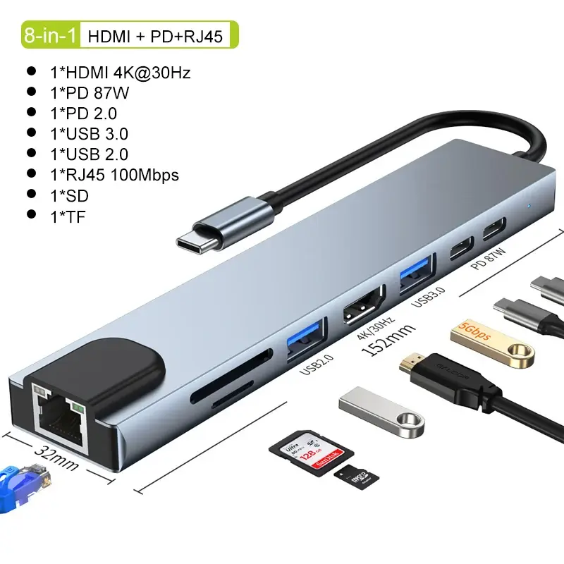 USB C Hub (8-in-1, 7-in-2, 7-in-1 Options) – Type C 3.1 Adapter with 4K HDMI, RJ45, SD/TF Card Reader, PD Fast Charge for MacBook Laptops