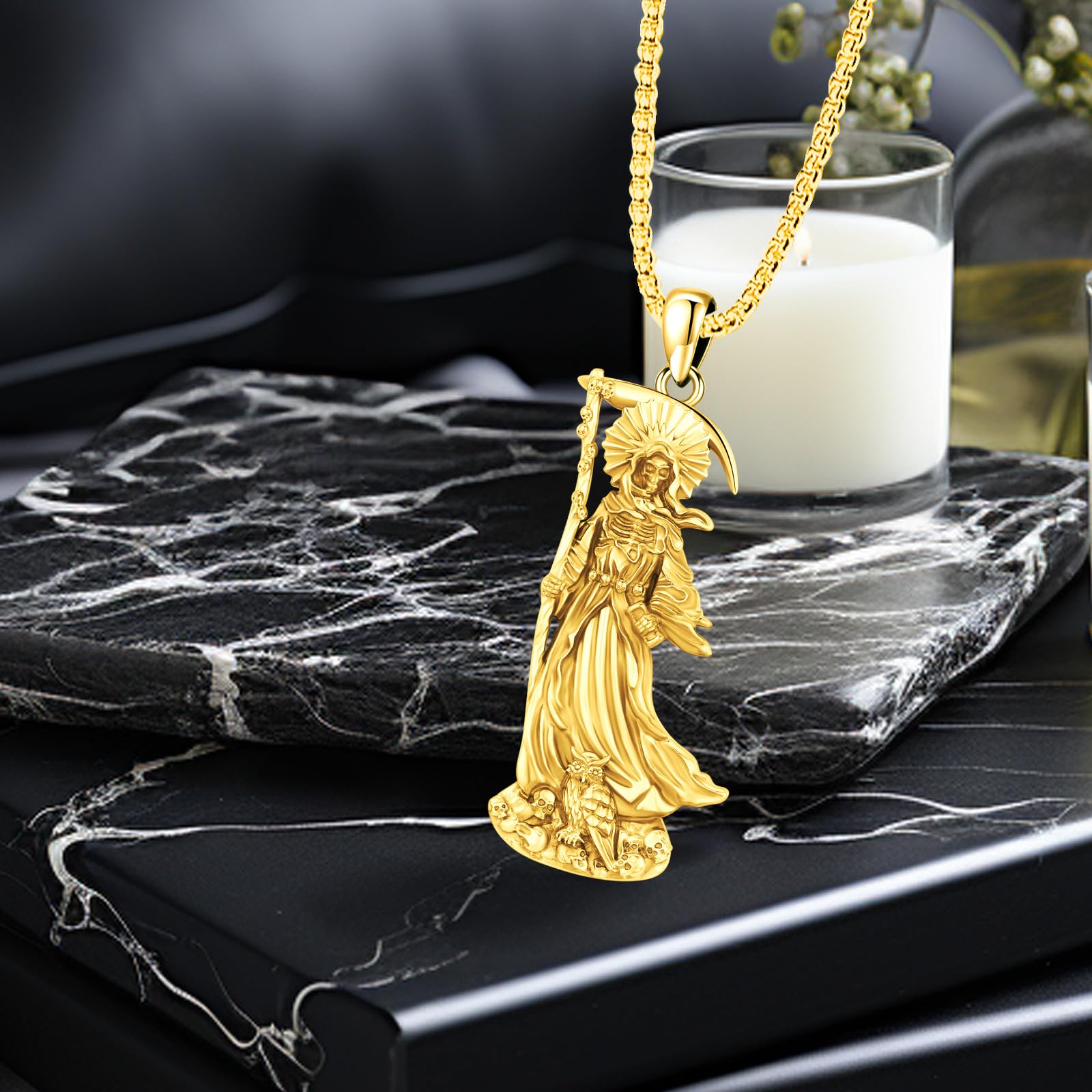 Thanches Santa Muerte Necklace S925 Sterling SIlver Death Holy Amulet Jewelry Gift  Magic Wiccan Pagan Protection for Women Men