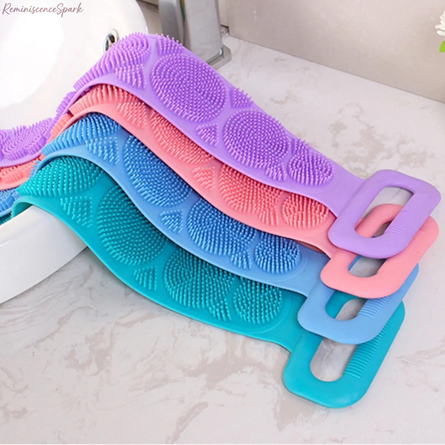 4-Pack Flexible Silicone Back Scrubber with Long Strap, Double-Sides Exfoliates & Massages, Sensitive-Safe Rinse-Dry Shower Body Brush for All Skin Types (Camping & Hiking Bath Accessory)