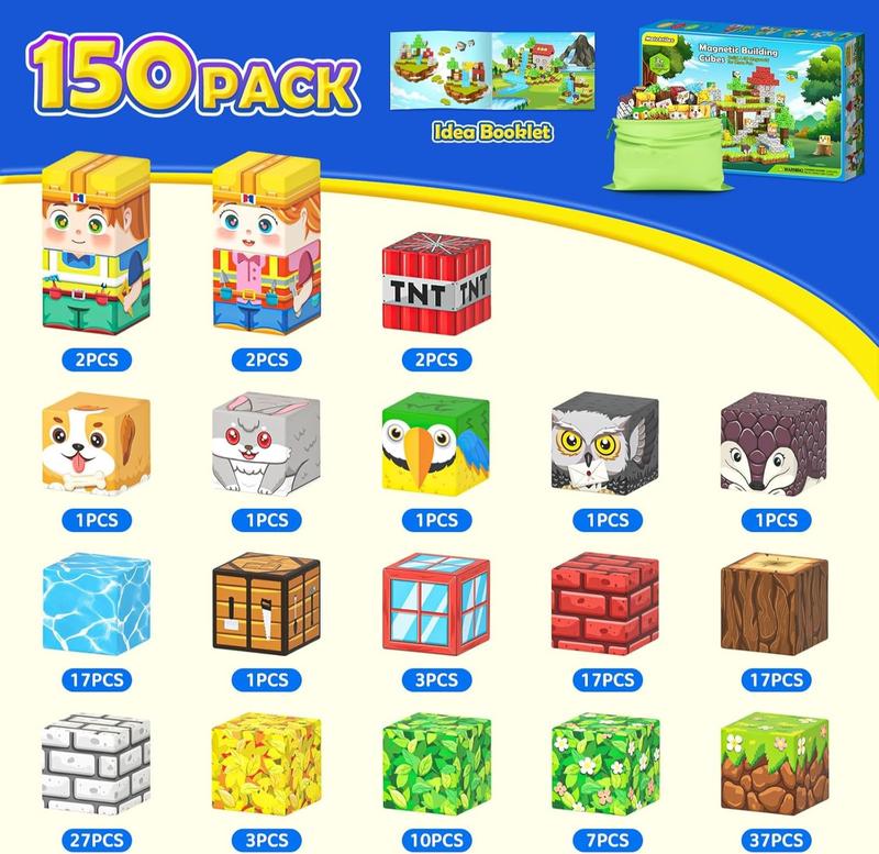 Magnetic Building Blocks-150PCS with Drawstring Bag STEM Montessori Children Sensory Toys Build Mine Magnet World Gift Set