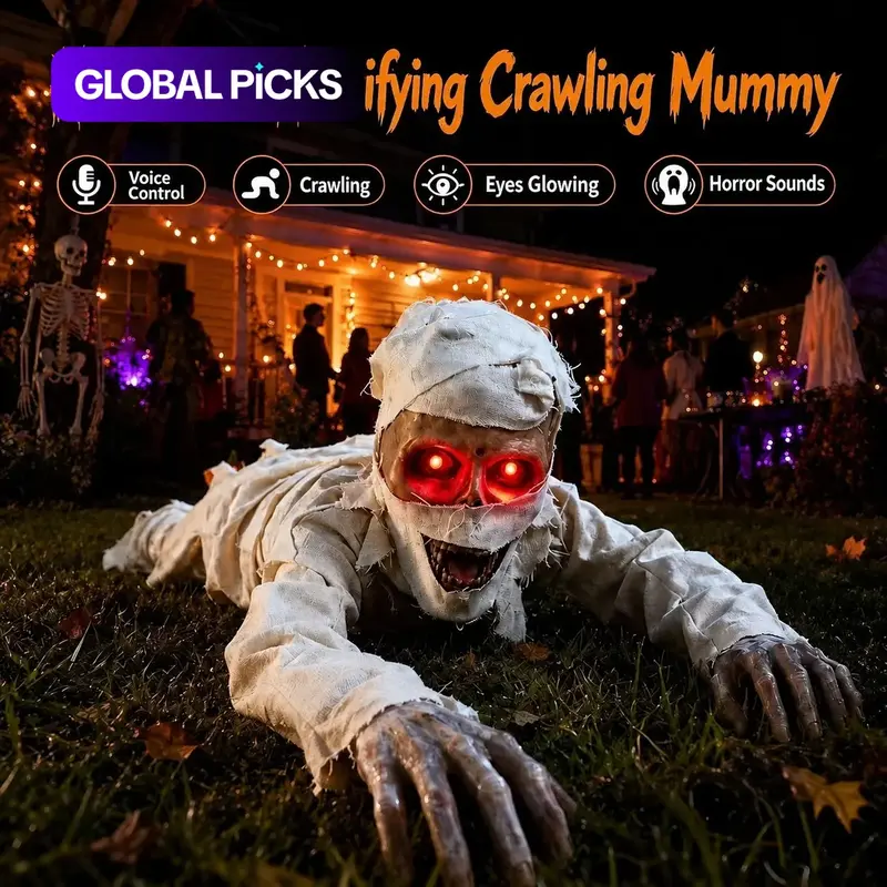 Halloween Crawling Mummy with Glowing Eyes Terrifying Sound, Voice-Controlled, Electric Crawling, Perfect for Halloween Decorations, Party Decorations #GLOBAL PICKS