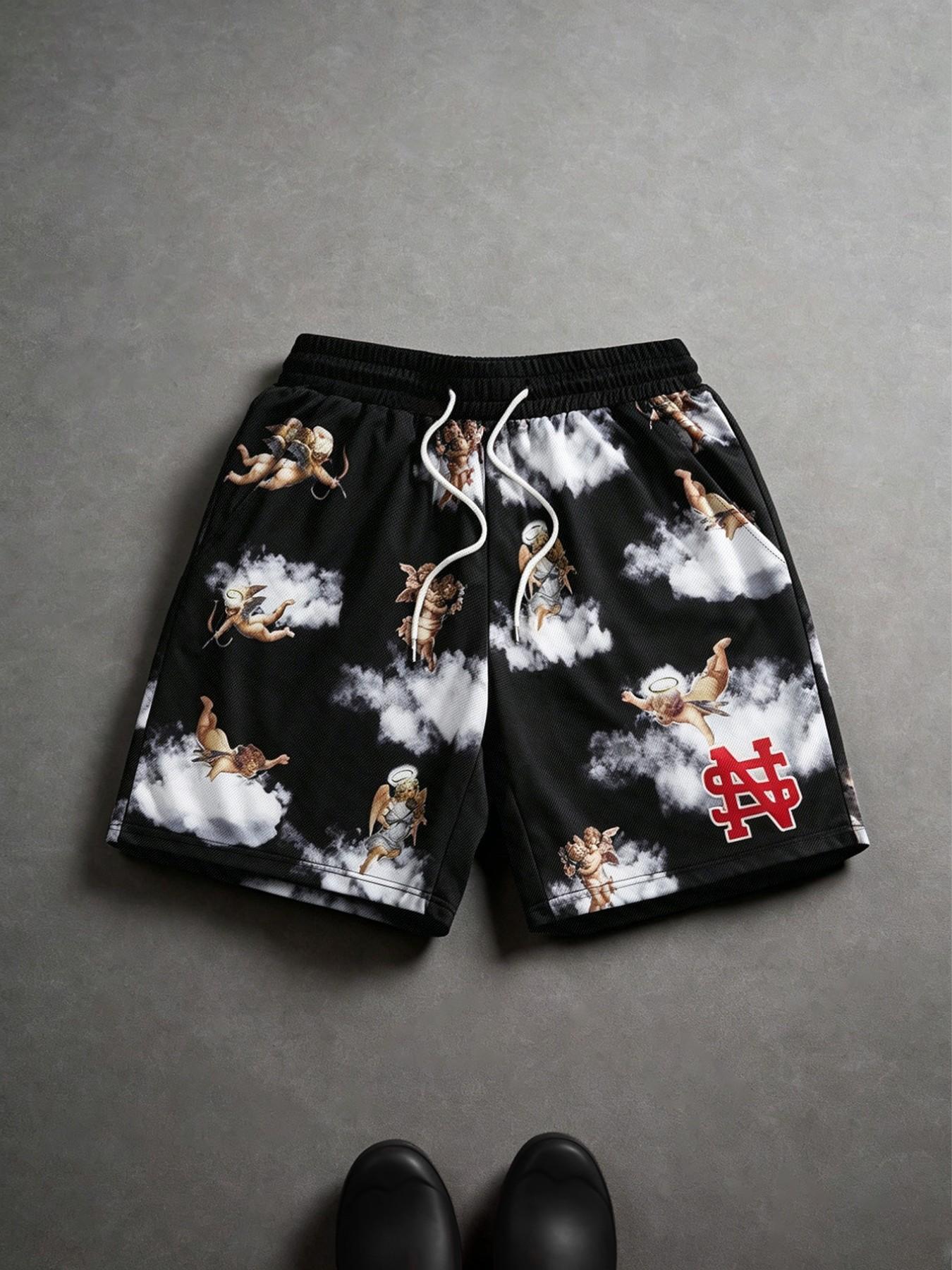 Men's Summer Shorts, Breathable Angel Sports Pants, Loose-Fit Casual Shorts, Street Style Graphic Pattern, Comfortable and Stylish