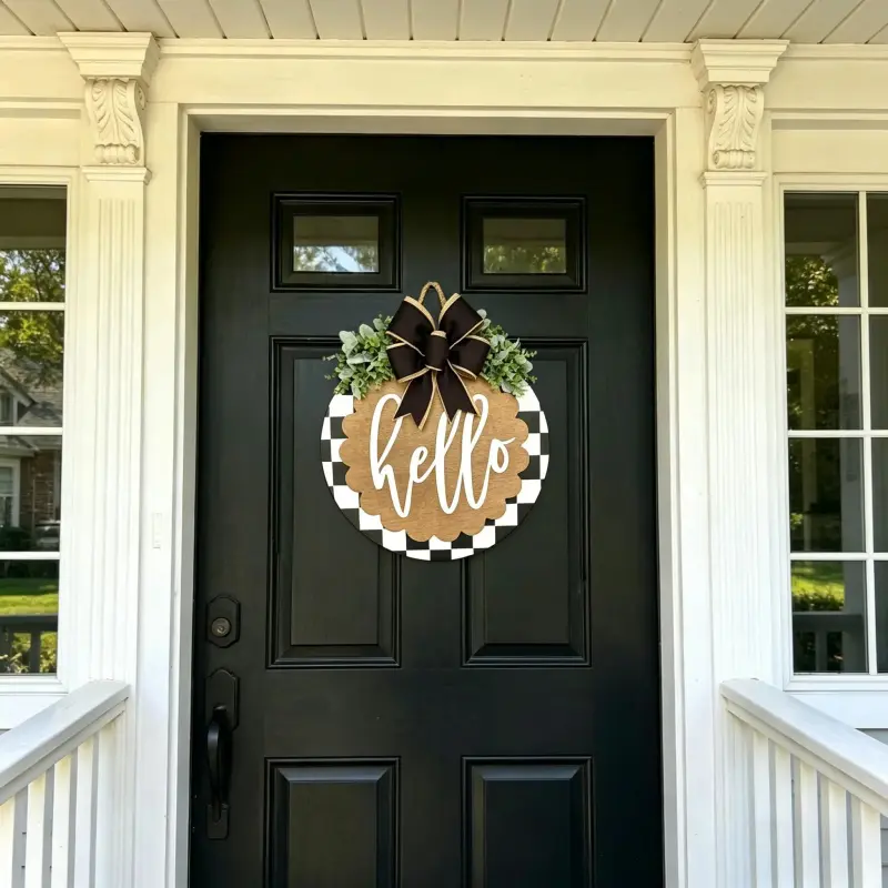 Plaid pattern door sign, American retro wooden front door decoration, bowknot plant welcome sign, farmhouse porch decoration#Global Selection