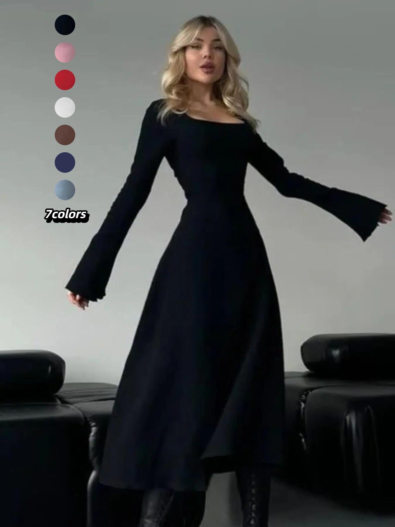 Women's Plain Lace Up Flounce Sleeve Dress, Elegant Square Neck Long Sleeve A Line Dress for Spring & Fall, Women's Clothing for Daily Wear