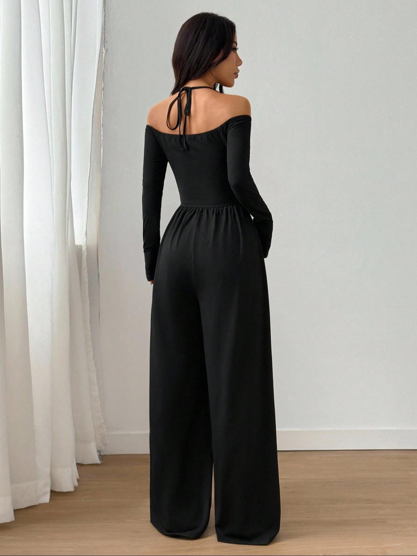 Women's Spring Summer Plain Knit Fashion Design Off-Shoulder Pleated Wide Leg Jumpsuit, Casual Daily Commute Pants, Slim-Fitting