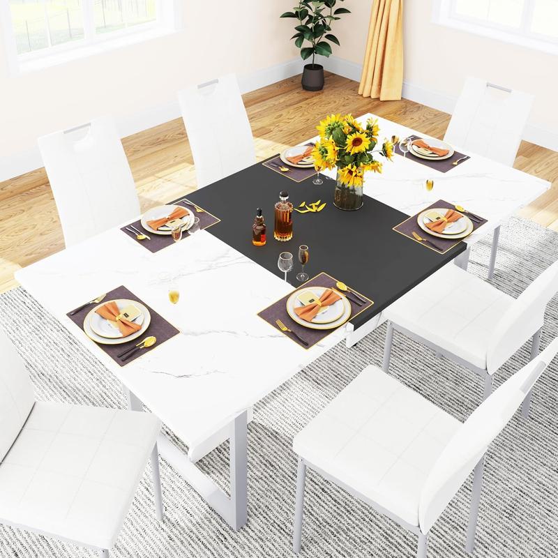 70IN Large Dining Table for 4 5 6 People,White Kitchen Dinner Table W/Marble-Color Wood Waterpoof Tabletop,Rectangular Family 6FT Dining Tables w/Adjustable Leg for Office Home Living Dining Room