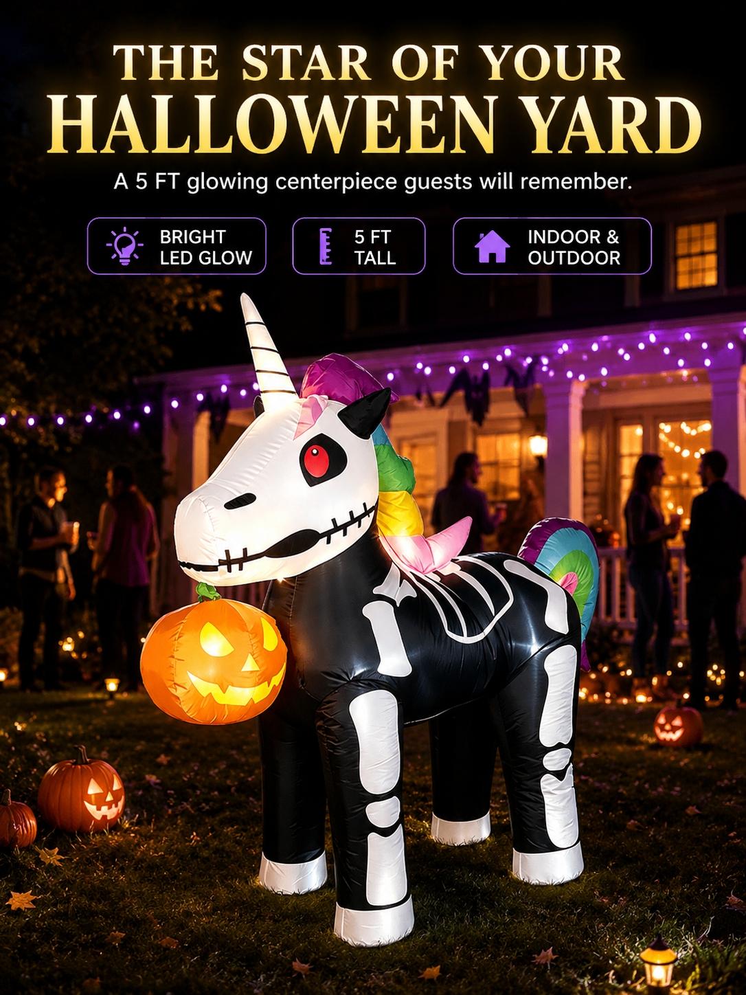 Halloween 1.5m Inflatable Skull Unicorn Pumpkin Light, LED Glowing Courtyard Lawn Outdoor Party Decor, Windproof Easy Install Foldable Storage