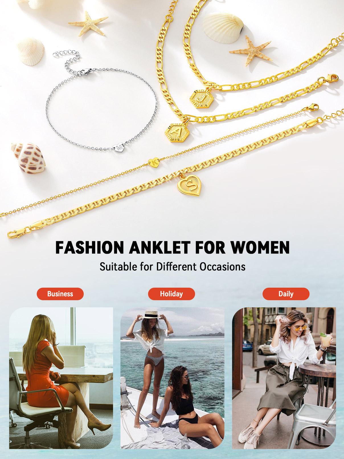 Findchic Heart Initial Golden Anklet 26 Letter Mariner Chain Figaro Chain Daily Casual Charm Summer Beach Anklet Jewelry Ankle Bracelet for Women Girl