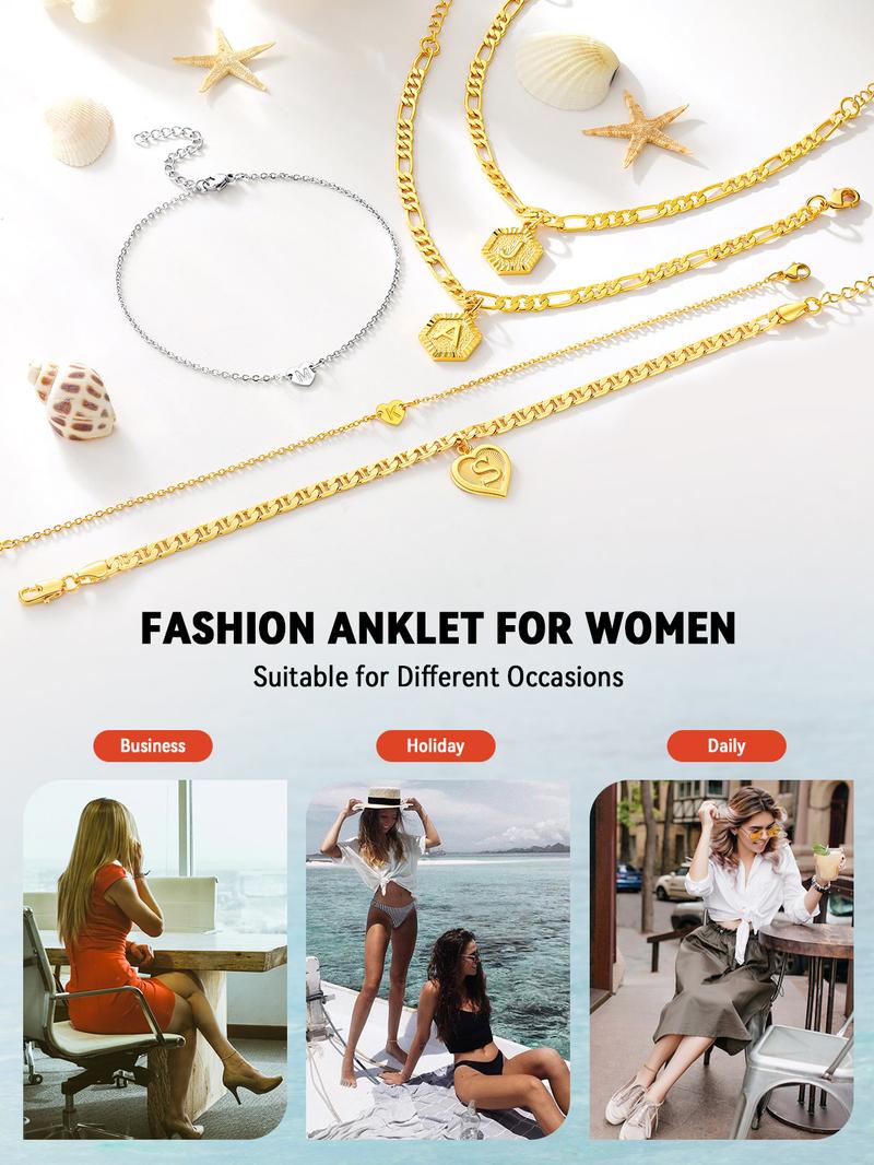 Findchic Heart Initial Golden Anklet 26 Letter Mariner Chain Figaro Chain Daily Casual Charm Summer Beach Anklet Jewelry Ankle Bracelet for Women Girl