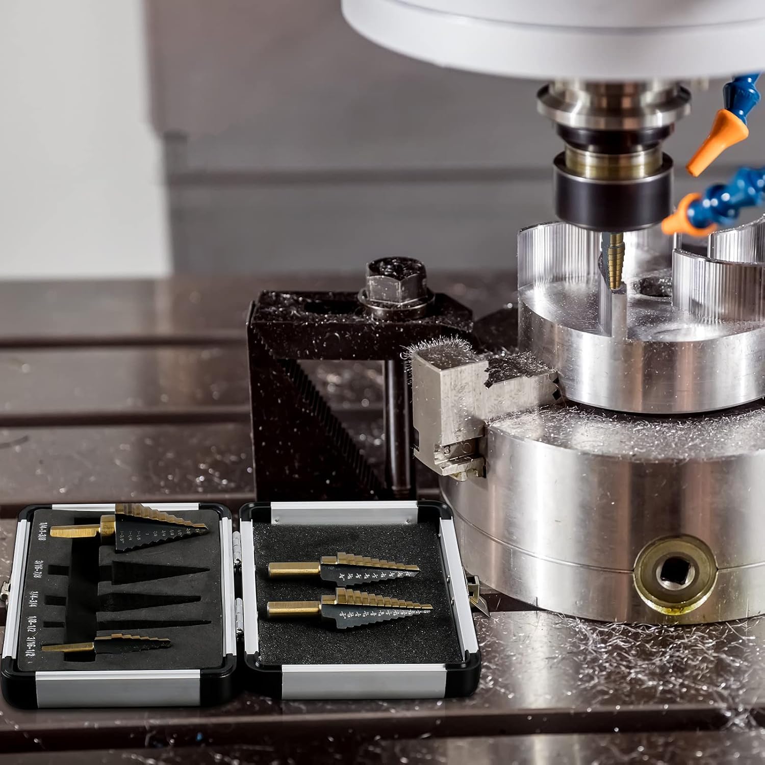 Step Drill Bits, 5PCS HSS Titanium Step Drill Bit Set, 50 Sizes High Speed Steel Step Bits for Metal with Aluminum Case