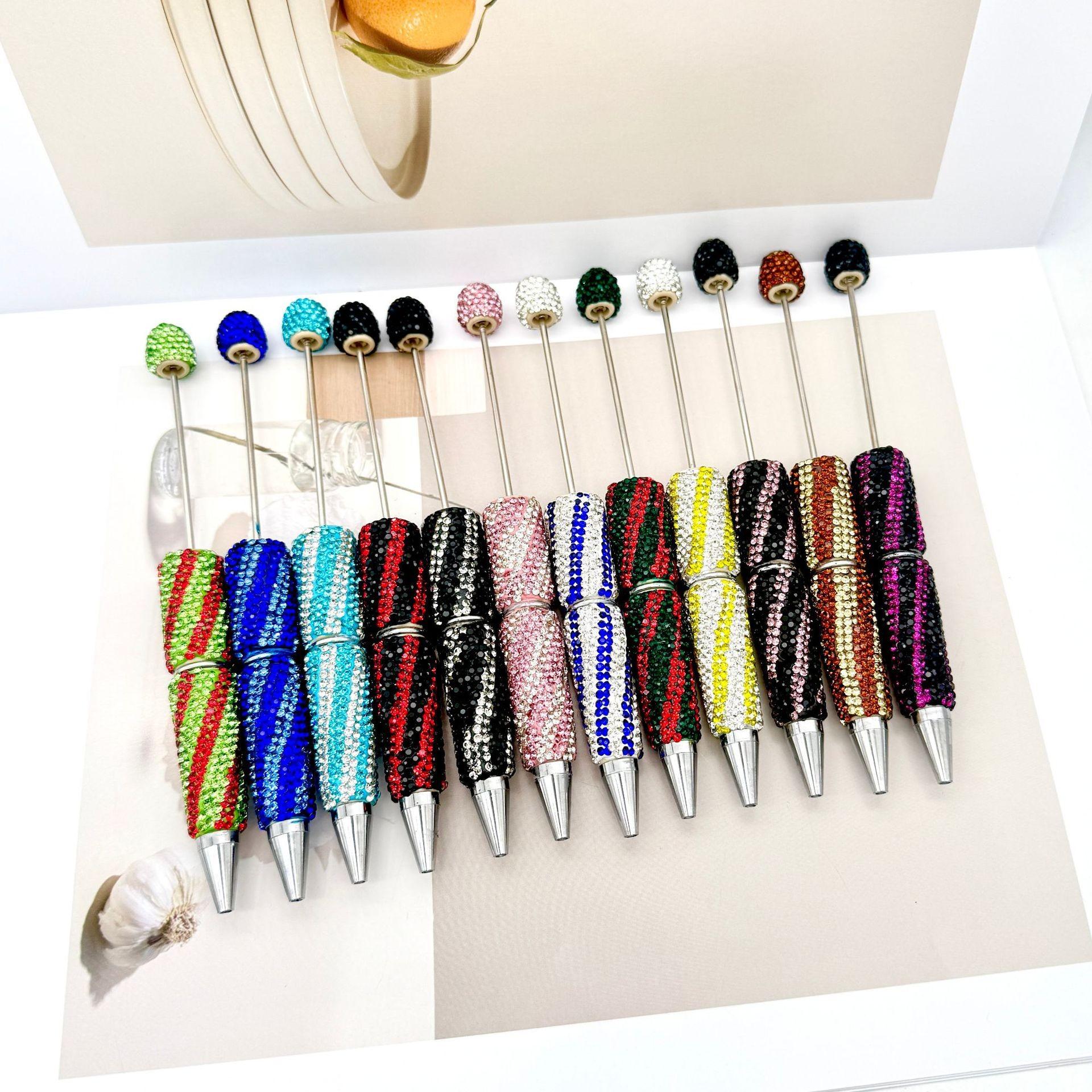 Striped Diamond Beaded Pen Set, Multi-Color Zebra Pattern Artificial Diamond Full Drill Round Ballpoint Pens, High Aesthetic DIY Jewelry Making