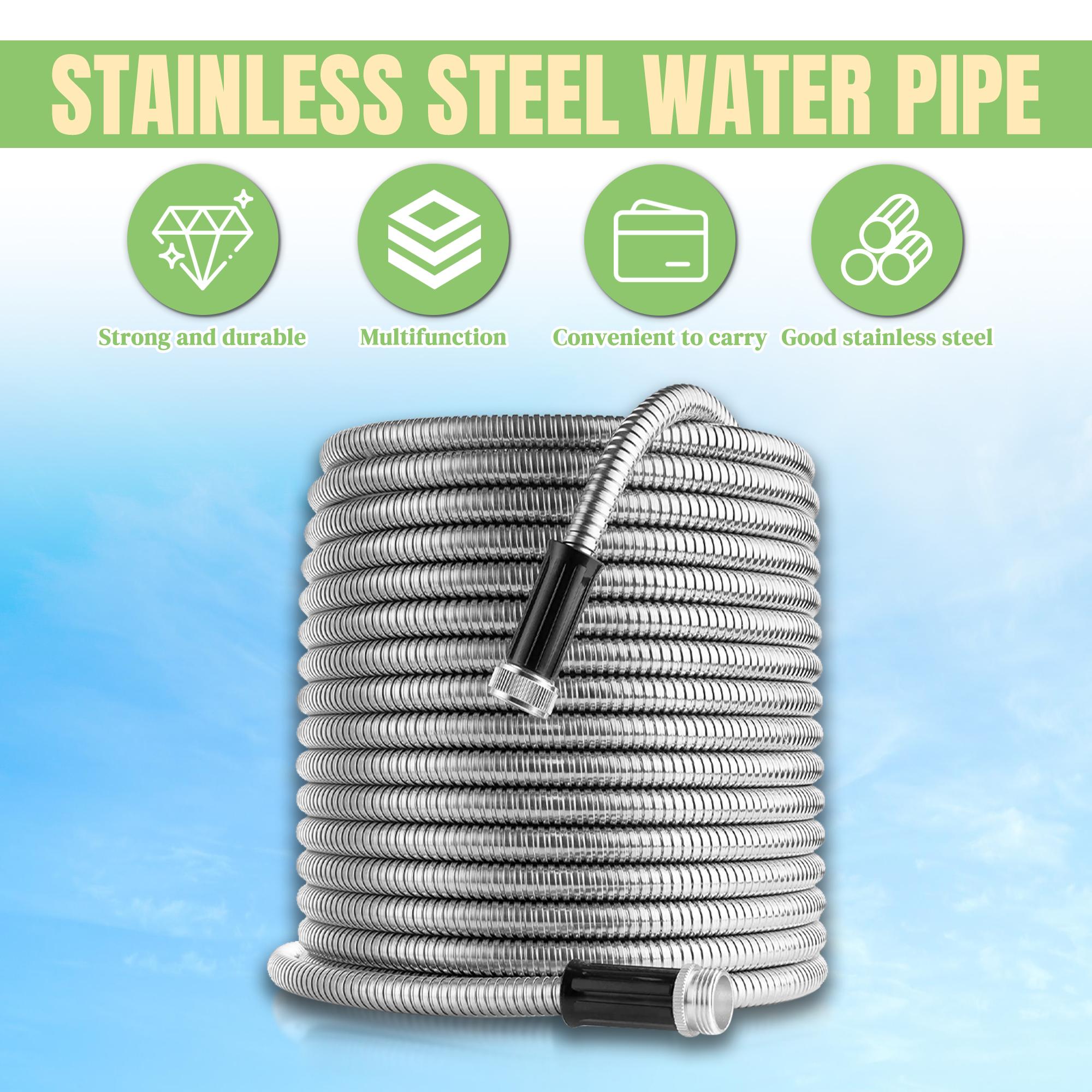 findmall 25/50/75/100FT Stainless Steel Metal Garden Water Hose Pipe Flexible With Nozzle