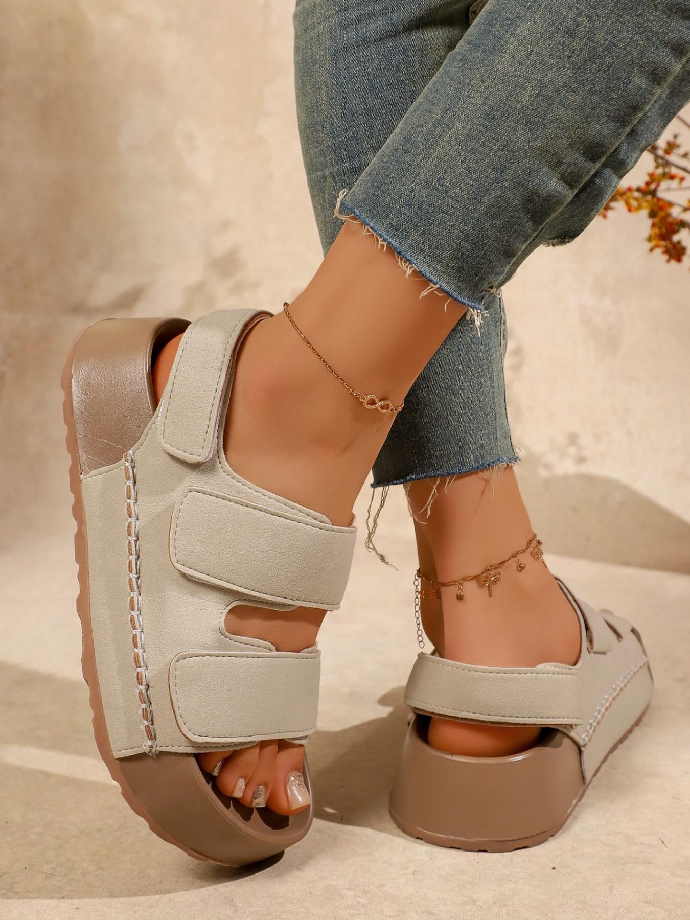 Summer Boken Thick Sole Sandals for Women, 2026 New Velcro Platform Shoes, Vintage Textured Heel, Casual Beach Footwear