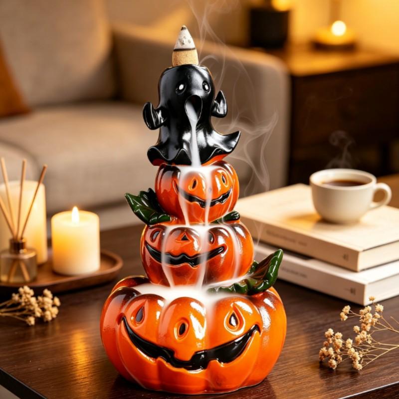Original Resin Halloween Pumpkin Backflow Incense Burner, European Vintage Ghost Festival Smoke Fountain Incense Holder Decor, Delicate Resin Craft, Slow Downflow Smoke Design, Perfect Desktop Ornament For Home Shop Halloween Party, Ideal Holiday Gift Bir