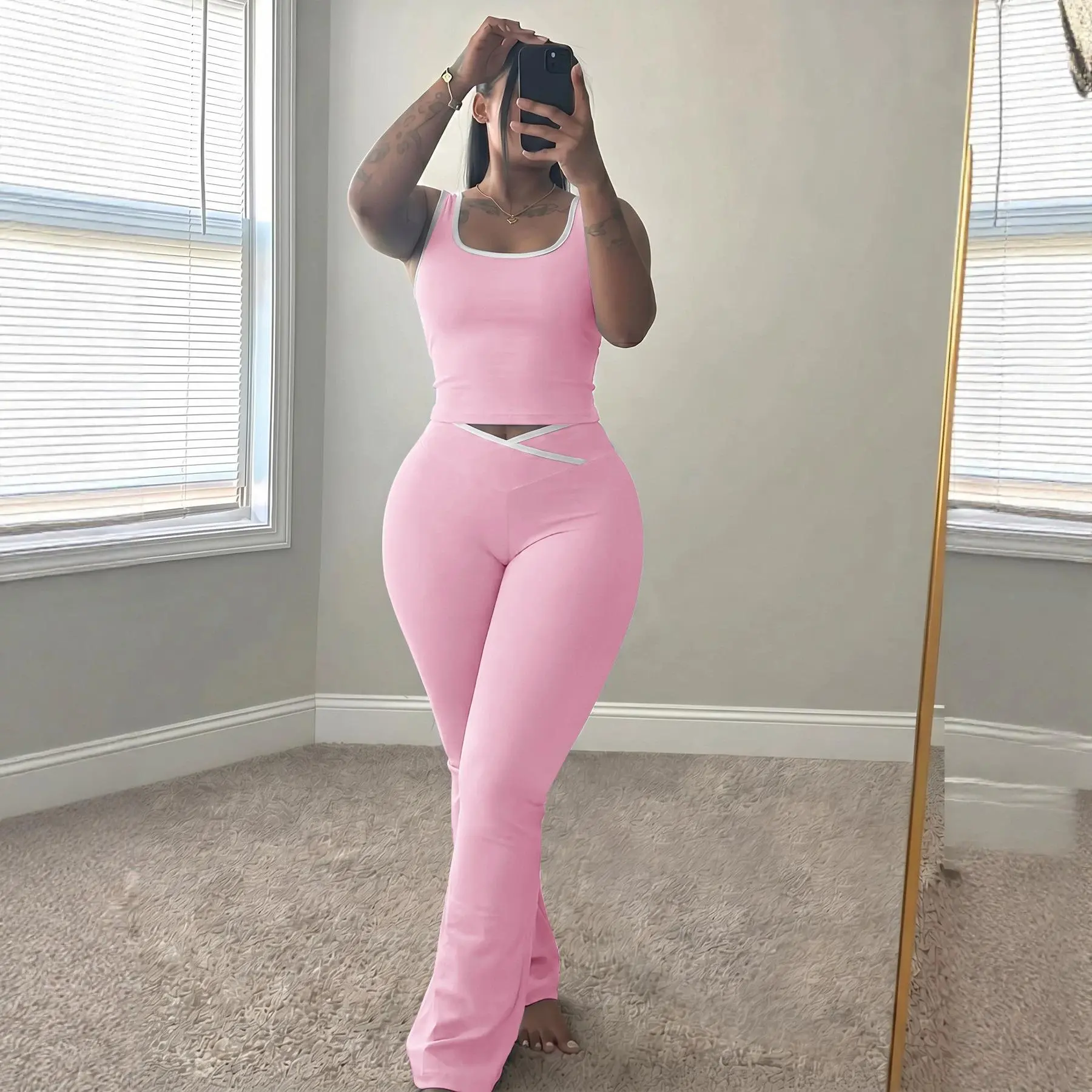 Women 2 Piece Outfits Contrast Piping Square Neck Tank Top Criss Cross Waist Flare Pants Casual Loungewear Set