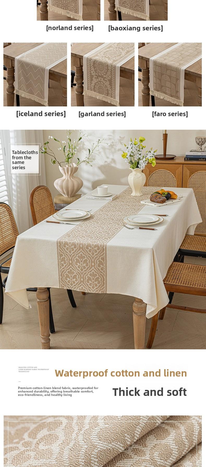 Nordic Style Waterproof Cotton Linen Table Runner, Jacquard Pattern with Tassel Trim, Dining Table Decor