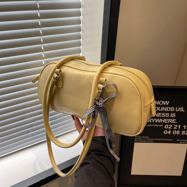 Vintage Waxed Leather Bowknot Baguette Bag, Luxury Commute Underarm Shoulder Bag, Versatile Texture Handbag, Korean Style Ins Fashion Bag for Women