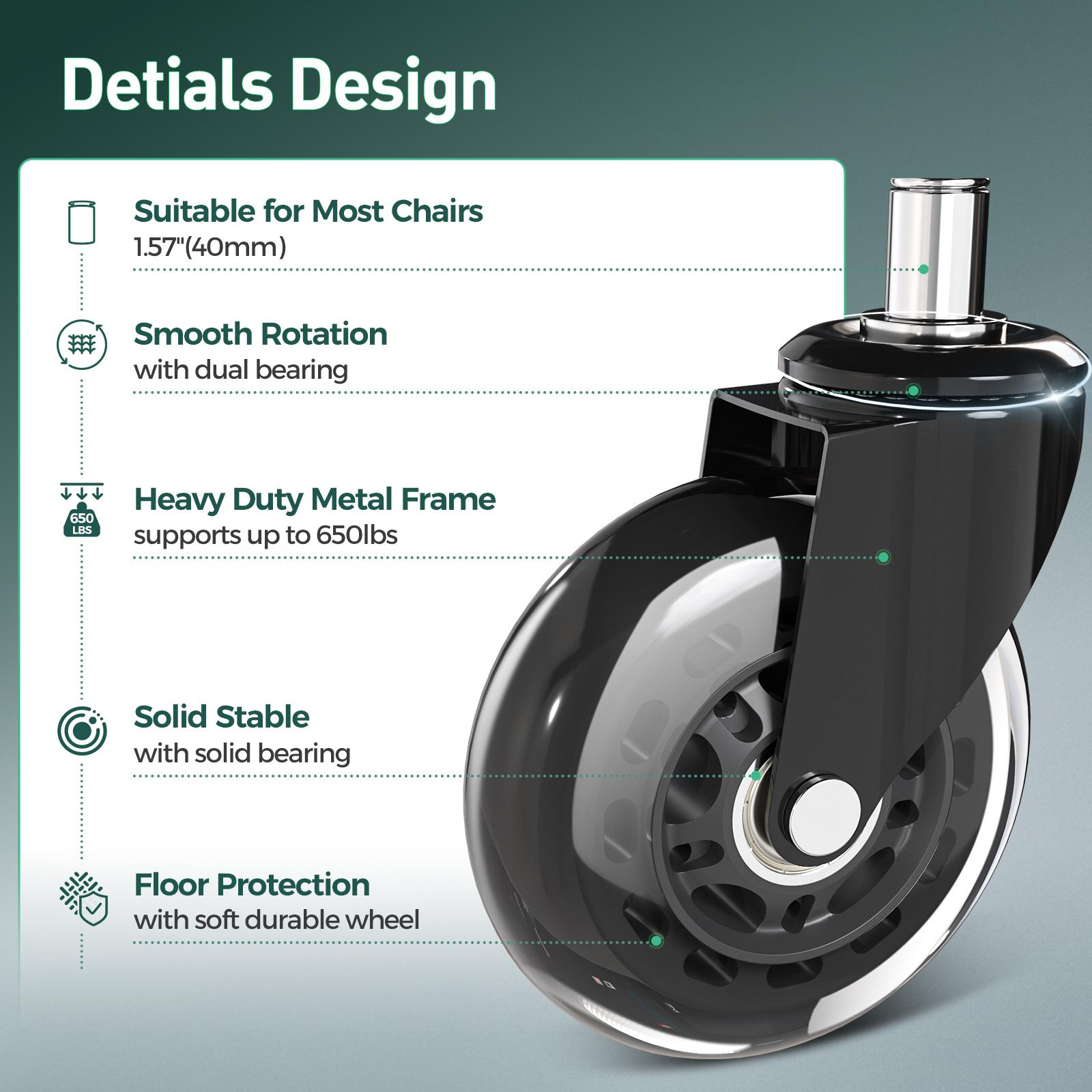 GTPLAYER Office Chair Wheels Set of 5 3Inch Casters for Hardwood Floors and Carpet,150 Lbs Load Capacity, Universal Fit for Most Chairs Heavy Duty Parts