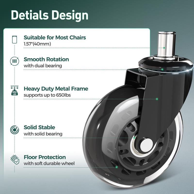GTPLAYER Office Chair Wheels Set of 5 3Inch Casters for Hardwood Floors and Carpet,150 Lbs Load Capacity, Universal Fit for Most Chairs Heavy Duty Parts