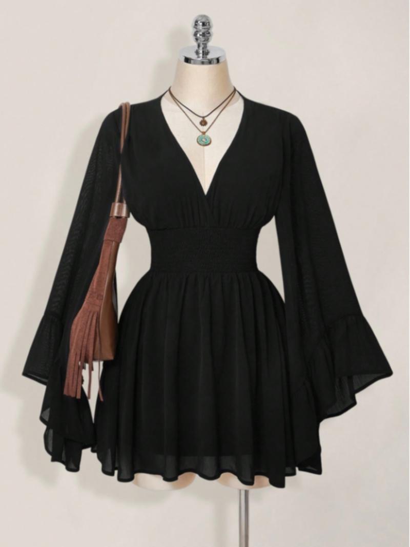 Women's Gothic Style V Neck Waist Cinched Dress, Elegant Long Sleeve Mini Dress, Autumn/winter Lantern Sleeve Dress