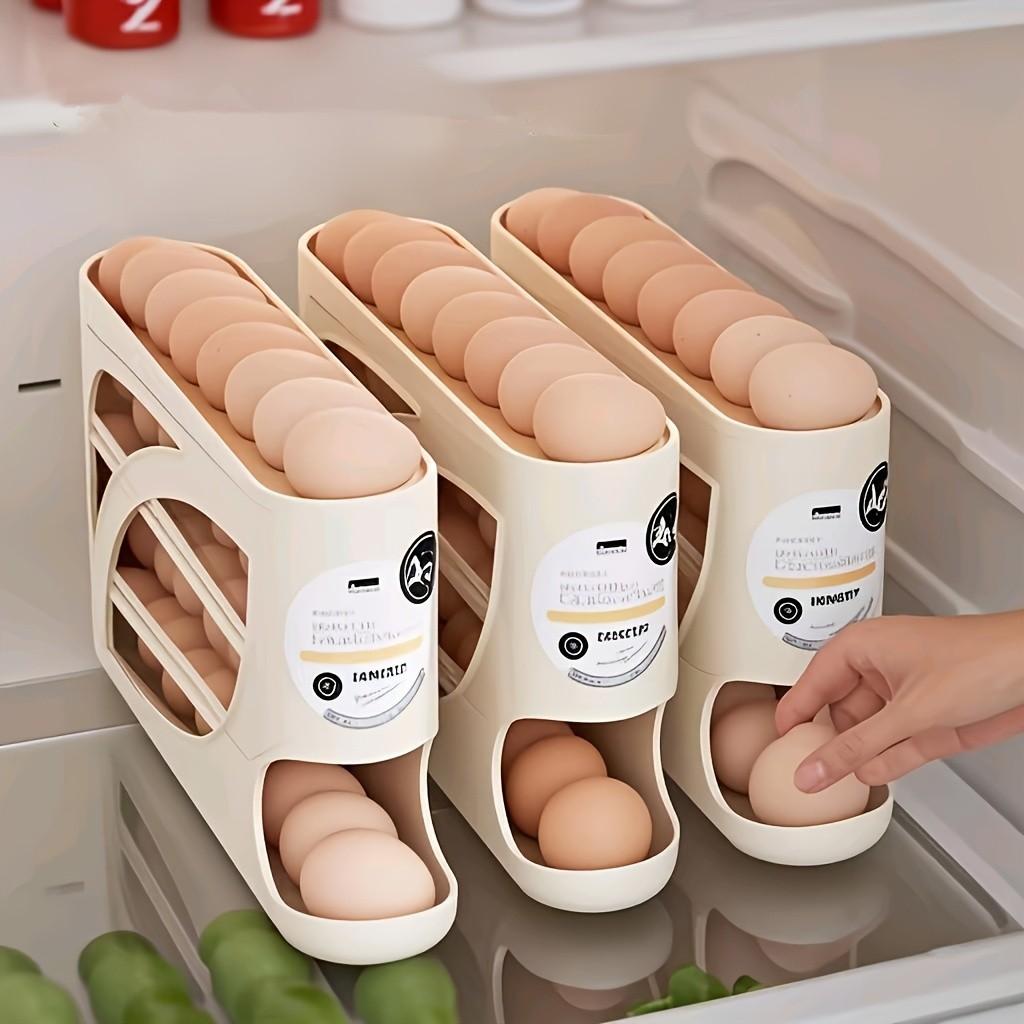 4 Layer Rolling Egg Rack, Space Saving Side Door Design, Holds 30 Eggs, Smooth Finish, Convenient Handle, Kitchen and Fridge Storage