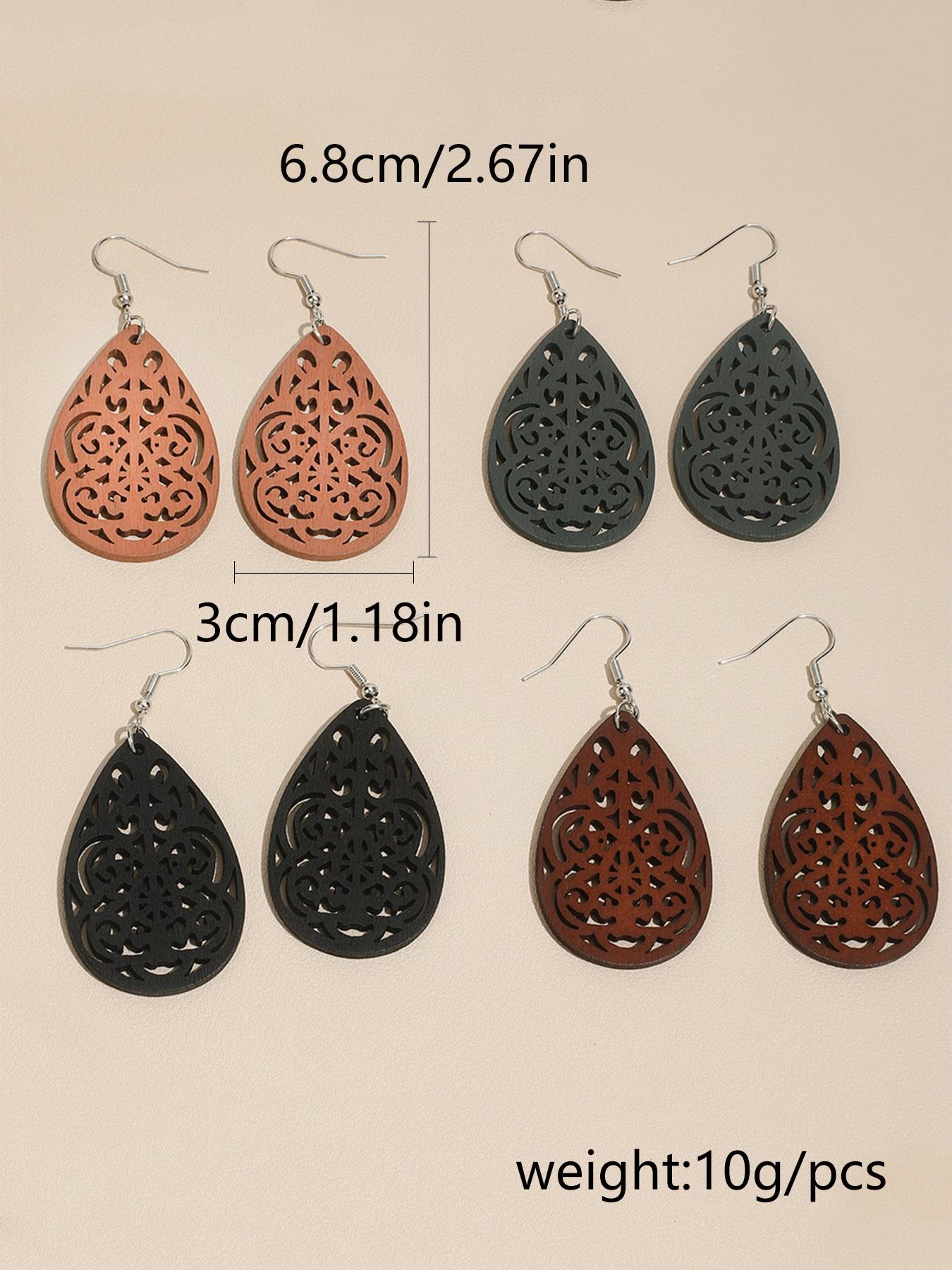 4 Pair Boho Hollow out Design Wooden Dangle Earrings, Vintage Style Water Drop Ear Jewelry for Women, Casual Jewelry for Party, Daily Clothing Decor