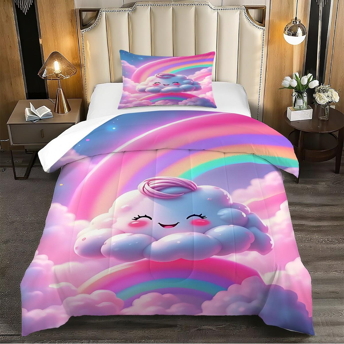 2/3 Dreamy and Cute Style Comfortable Comforter Set, Using Cute Cloud Printed Quilted Bedding Set, Soft and Breathable, Creating A Dreamy Atmosphere for A Girlish Bedroom. Includes 1 or 2 Pillowcases (Excluding Pillow Core).