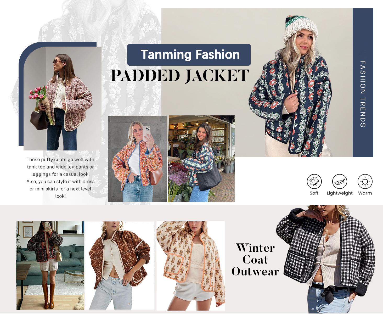 Tanming Women's Ditsy Floral Print Quilted Puffer Coat Lightweight Drop Shoulder Jacket FallFreshness Open Front Cardigan for Fall Winter Casual Outerwear with Pockets Reversible Long Sleeve Fashion Womenswear Cropped Tops