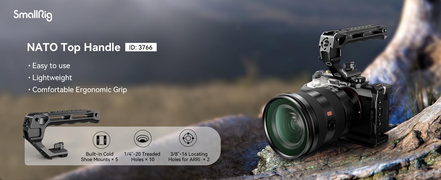 SmallRig Lightweight NATO Top Handle - Quick Release NATO Grip for DSLR Camera Cage - Universal Top Handle with 5 Cold Shoe Adapters and NATO Clamp (Lite) - 3766