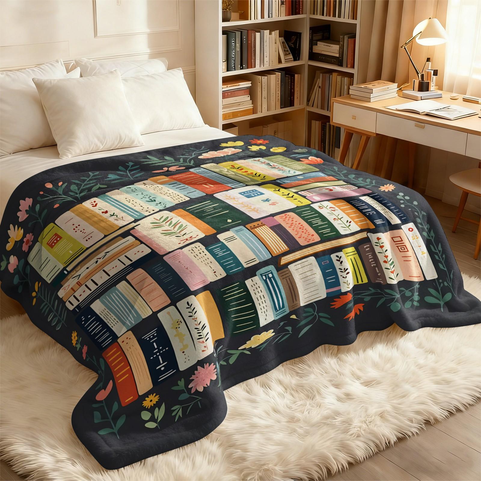 Bookish Floral Bookshelf Print Flannel Blanket, Aesthetic Botanical Warm Throw Blanket, Soft Cozy Nap Gift Blanket, Lightweight Decor Blanket for Couch Bed, All-Purpose Perfect Gift for Family and Friends