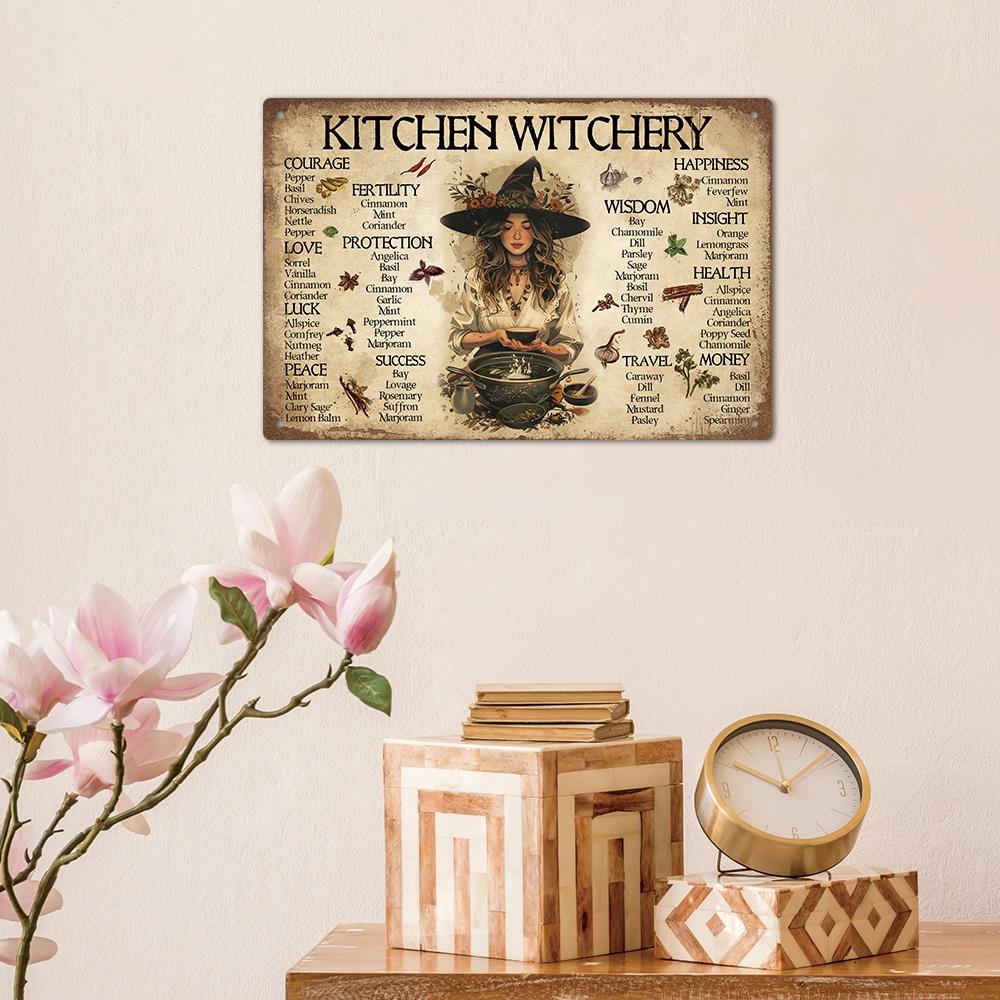 Vintage Kitchen Witchery Metal Tin Sign, 1 Count Kitchen Witchery Tin Sign, Wall Art Decor for Home Farmhouse, Wall Hanging, House Decor, Vintage Plaque Decor