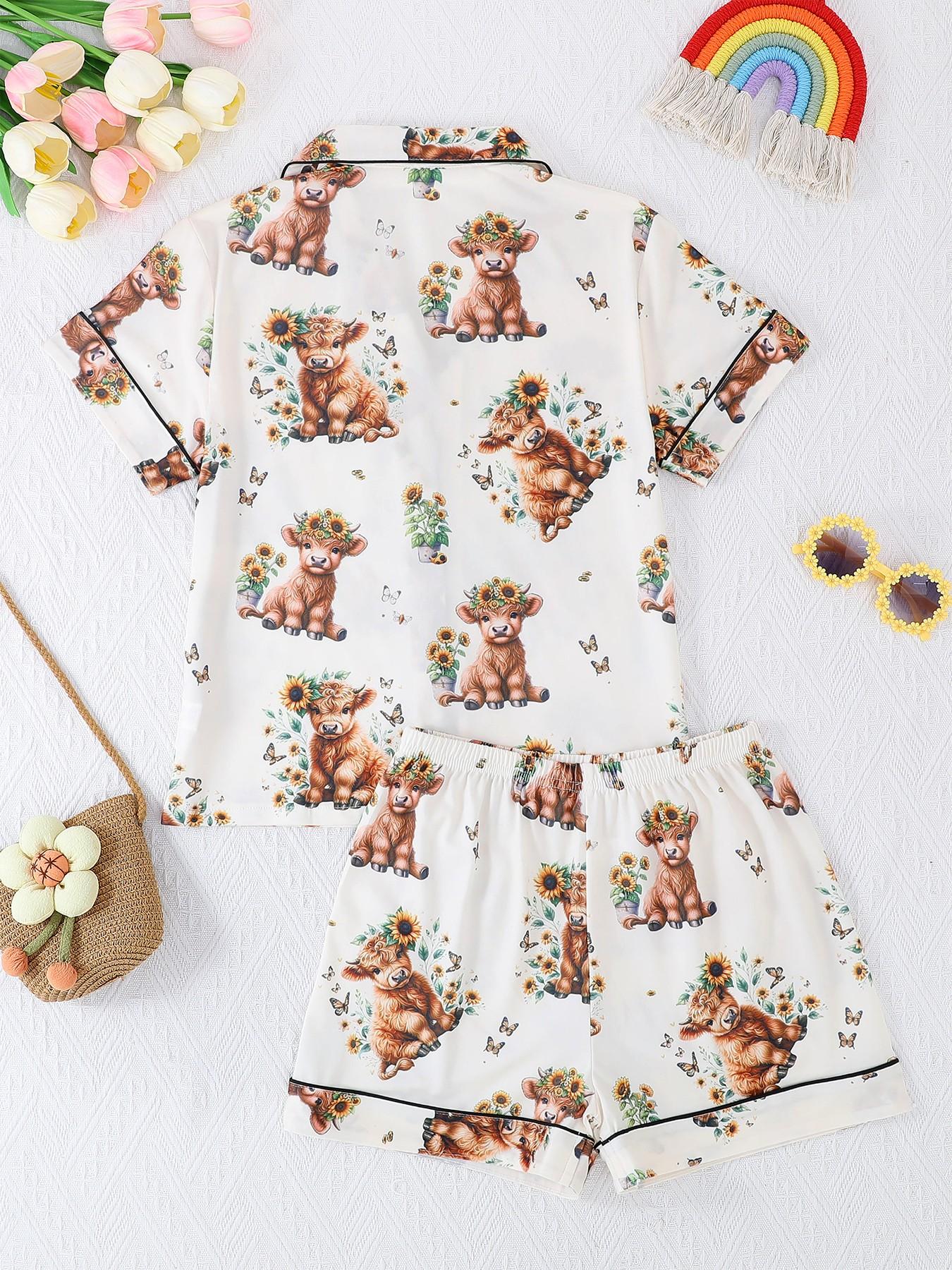 2-Piece Kids' Summer Pajama Set, Flame-Retardant Short Sleeve Shirt & Shorts, Cute Cartoon Print, Unisex, All Seasons, Party Wear