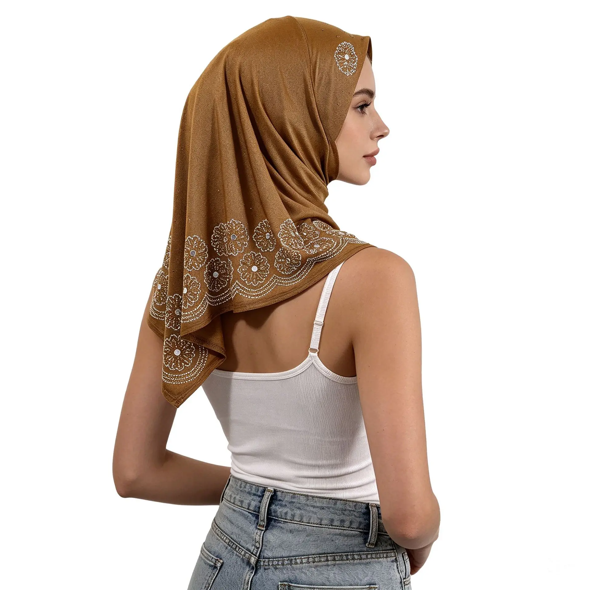 Viral Breathable Stretch Jersey Pull-On Khimar Hijab - Rhinestone Floral Embroidered, Back Scalloped Hem, Breathable Skull Cap for Modest Party Prayer Sports Headwear