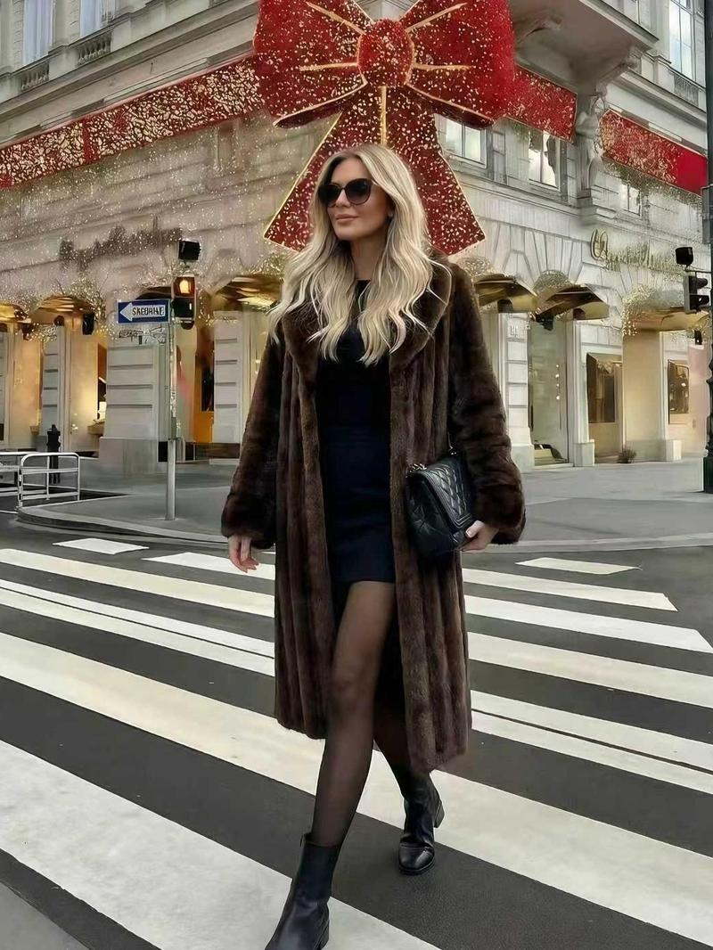 Women's Faux Fur Coat, Autumn Winter Fashionable Long Sleeve Jacket, Elegant Thick Retro Loose Fit Medium-Length Outerwear
