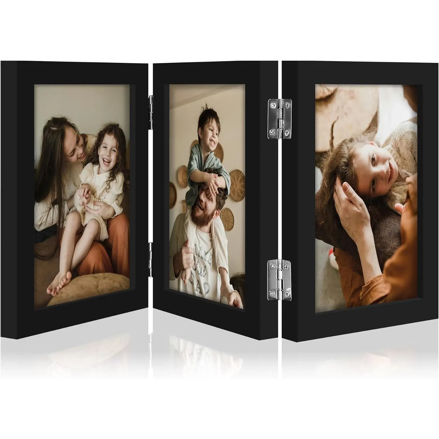 Black Triple 4x6 Vertical Picture Frame, Z-Shape Folding Design, Engineered Wood Trifold Photo Frame with Plexiglass for Tabletop DisplayGift