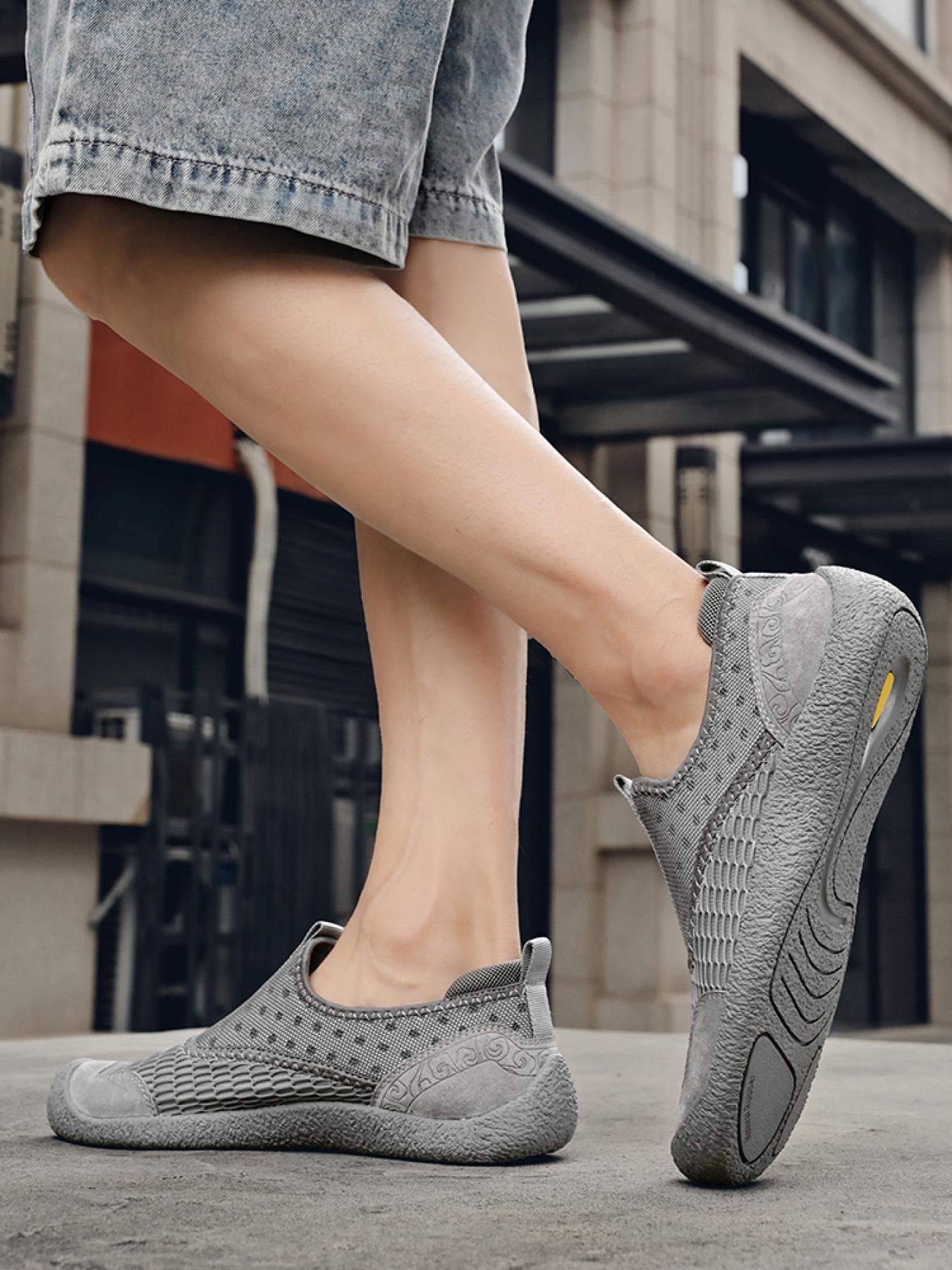 Men's Solid Color Mesh Breathable Slip-On Loafers, Soft Sole Anti-Slip Hand-Stitched Walking Shoes, Lightweight Casual Dad Shoes