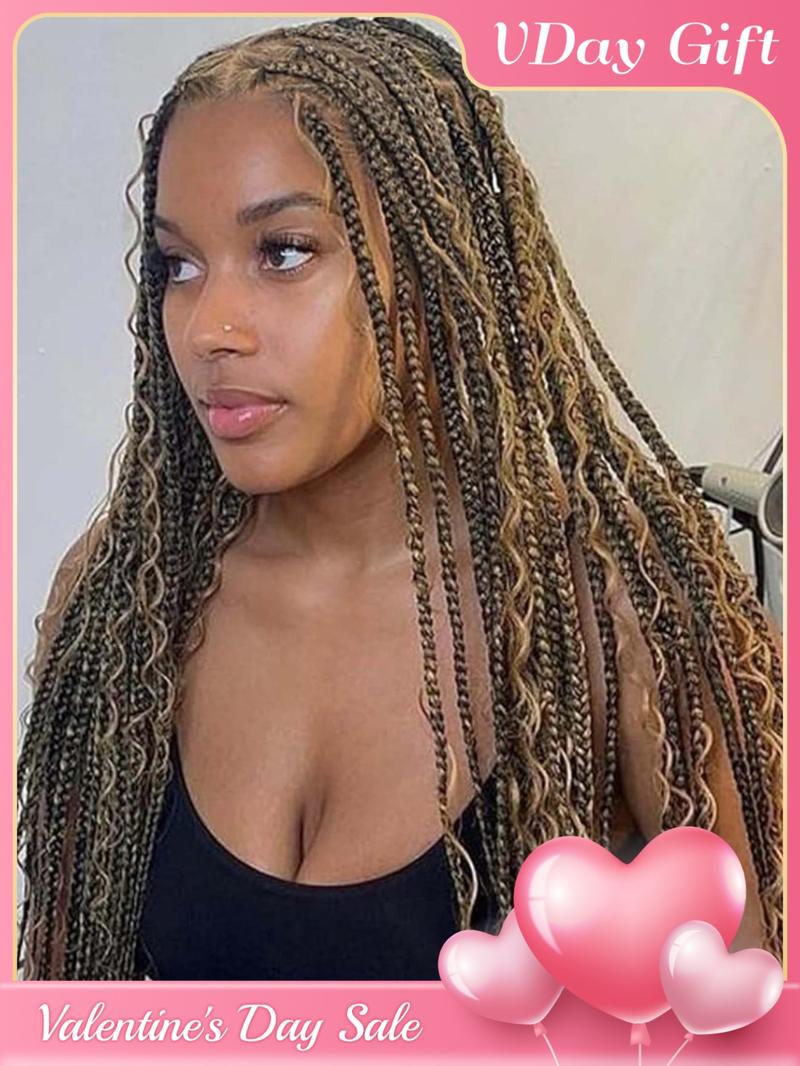 33 Inch Black Full Lace Front Box Braided Wig with Curly Hair Distressed Knotless Braided Wigs for Women, Synthetic Braided Lace Wigs for Party, Daily Use, Wigs That Look Like Real Hair, Kinky Curly Wigs