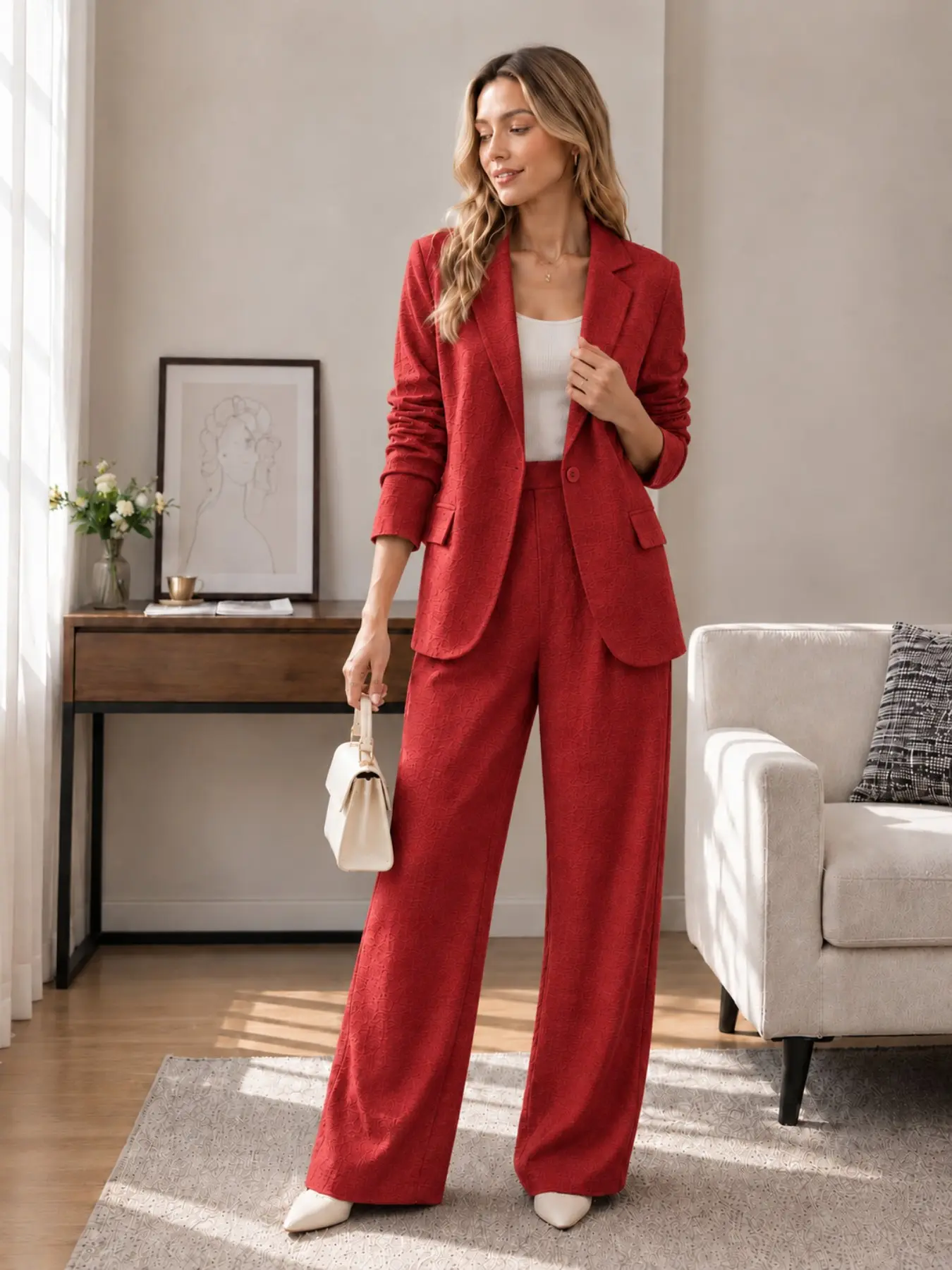 Women's Blazer and Wide-Leg Pants Set, Breathable Suit, Loose Fit, French Minimalist, Neutral Color, High Waist, Summer