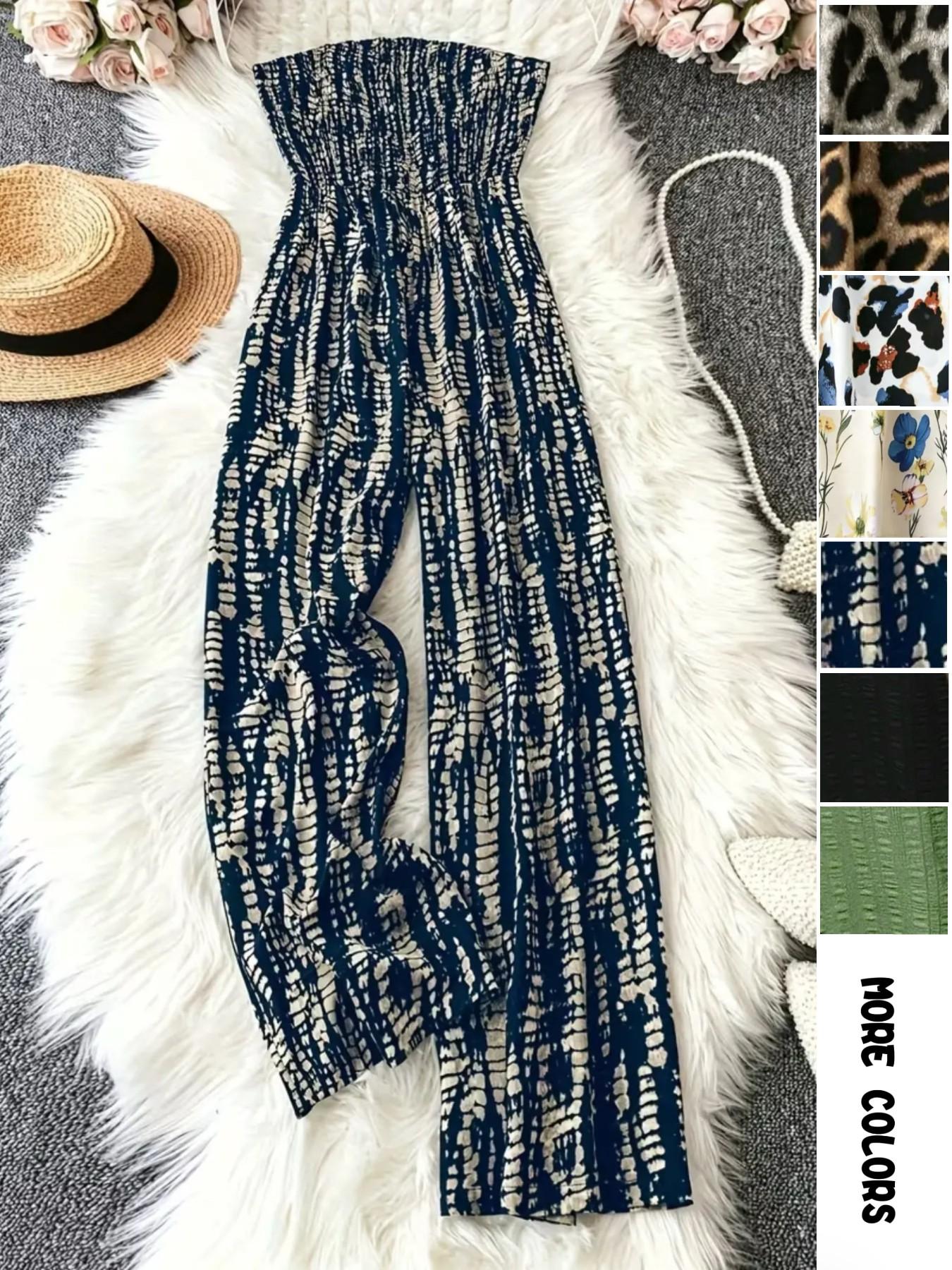 Women's Leopard Print Shirred Wide Leg Jumpsuit, Casual Sleeveless Tube Jumpsuit for Vacation Holiday, Ladies Clothes for All Seasons