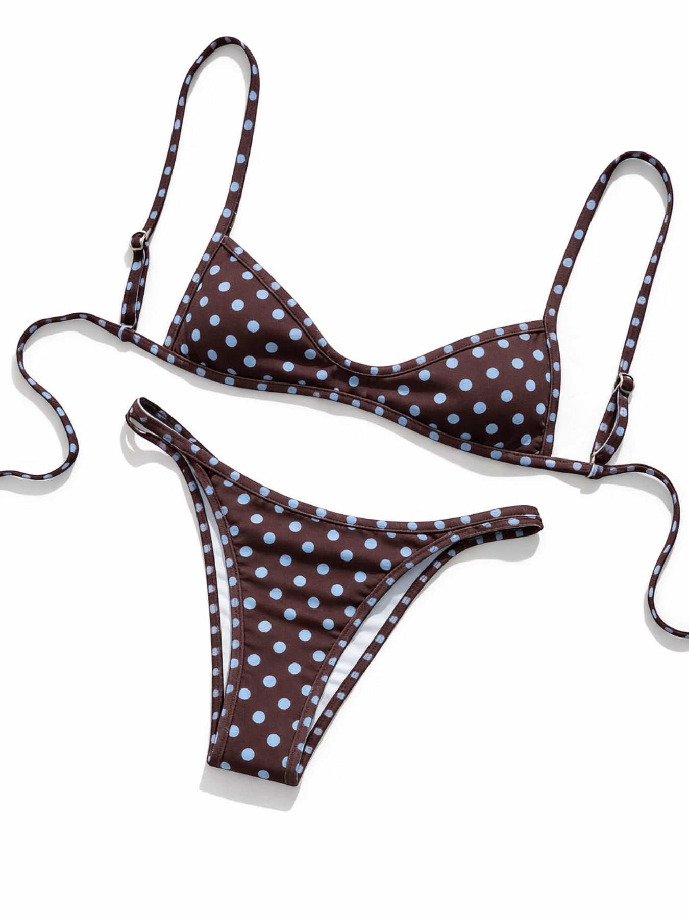 Elegant Bohemian Style Brown and Light Blue Polka Dot Adjustable Strap V-Neck Sexy Bikini Set