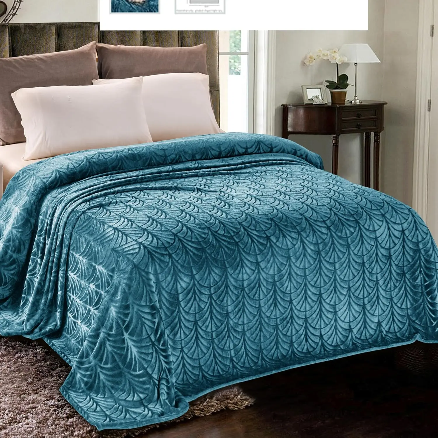 Camping Microfiber Fleece Blanket - Vintage Damask Print, Warm Soft Breathable Polyester Bedding, Foldable 90x104 in Teal King Size, Removable & Washable, All Seasons Camping Sleeping Gear, Room Decor
