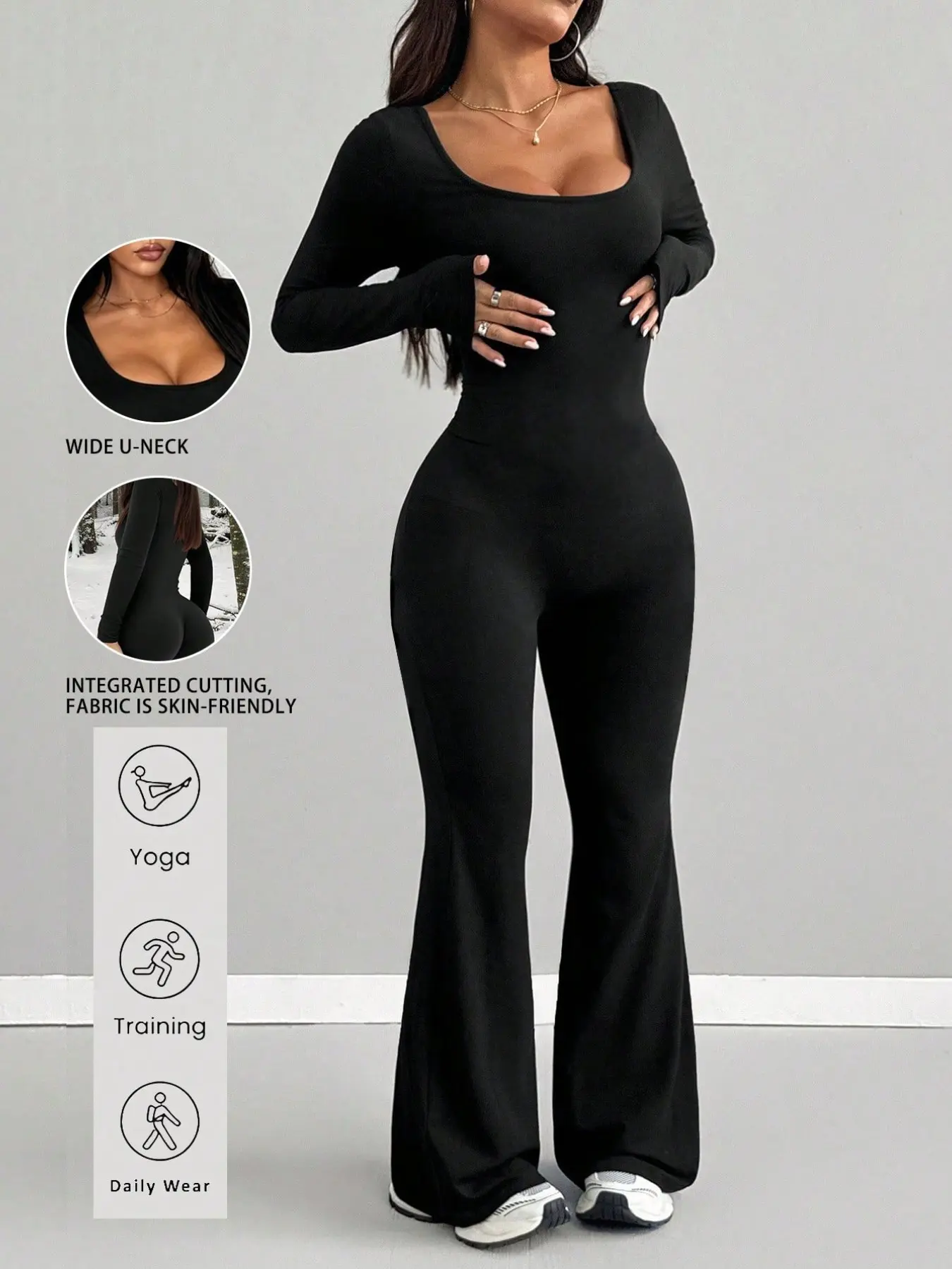 Women's Jumpsuit, U-Neck, Casual Fitted, Solid Pattern, Comfortable and Stylish, Perfect for Outdoor, Sports, Holidays, Y2K Style