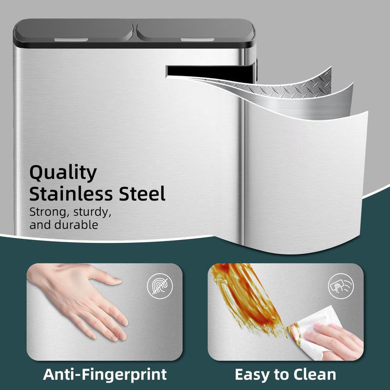 KSSKSS 2x8 Gallon Kitchen Dual Trash Can - 16 Gallon (60L) Stainless Steel Multi-Compartment Garbage Recycle Bins, Step Pedal, Plastic Inner Buckets, soft-close lid , Silver, Includes 40 Trash Bags, for business home office